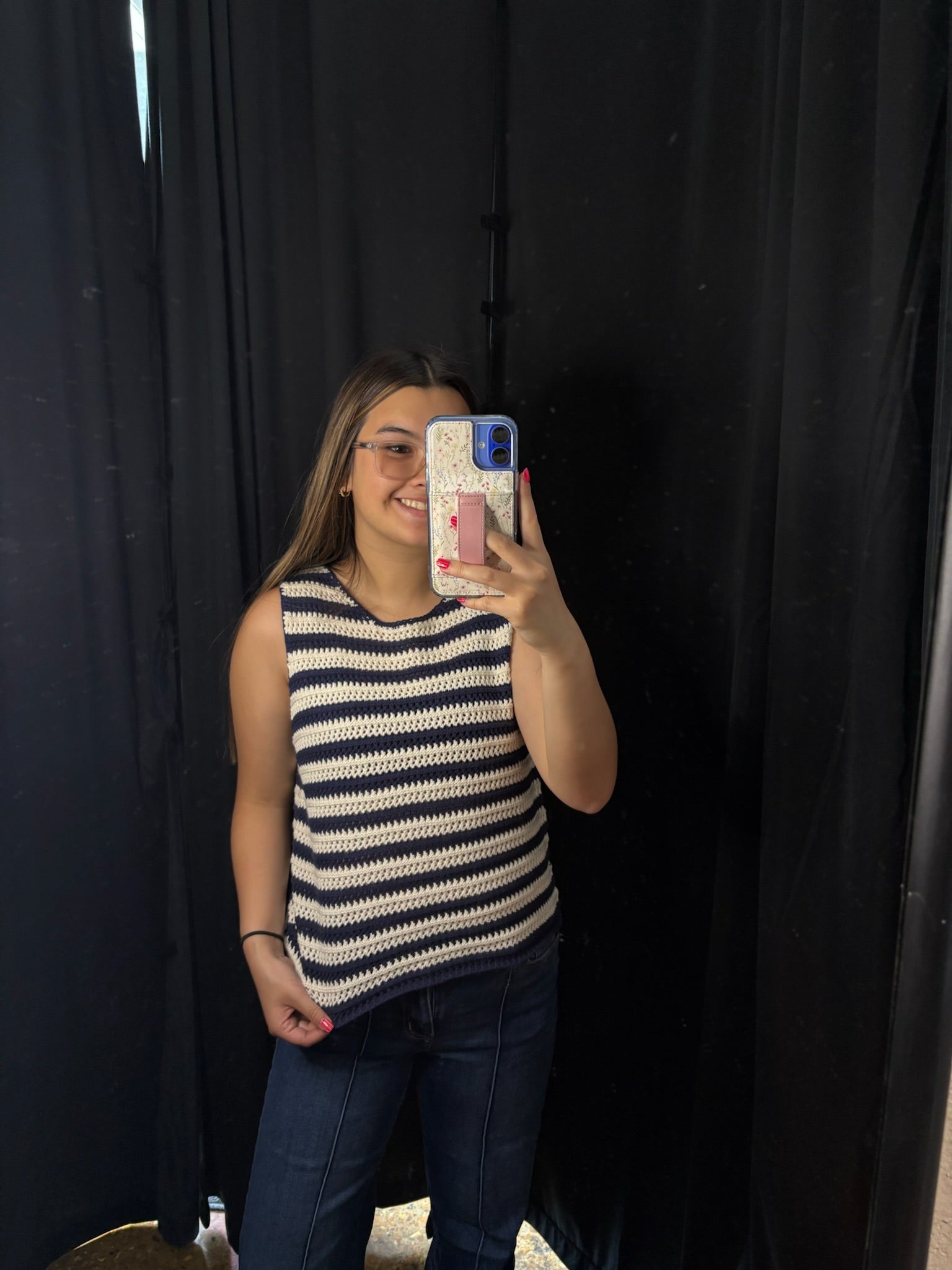 Navy Blue & White Striped Knit Tank