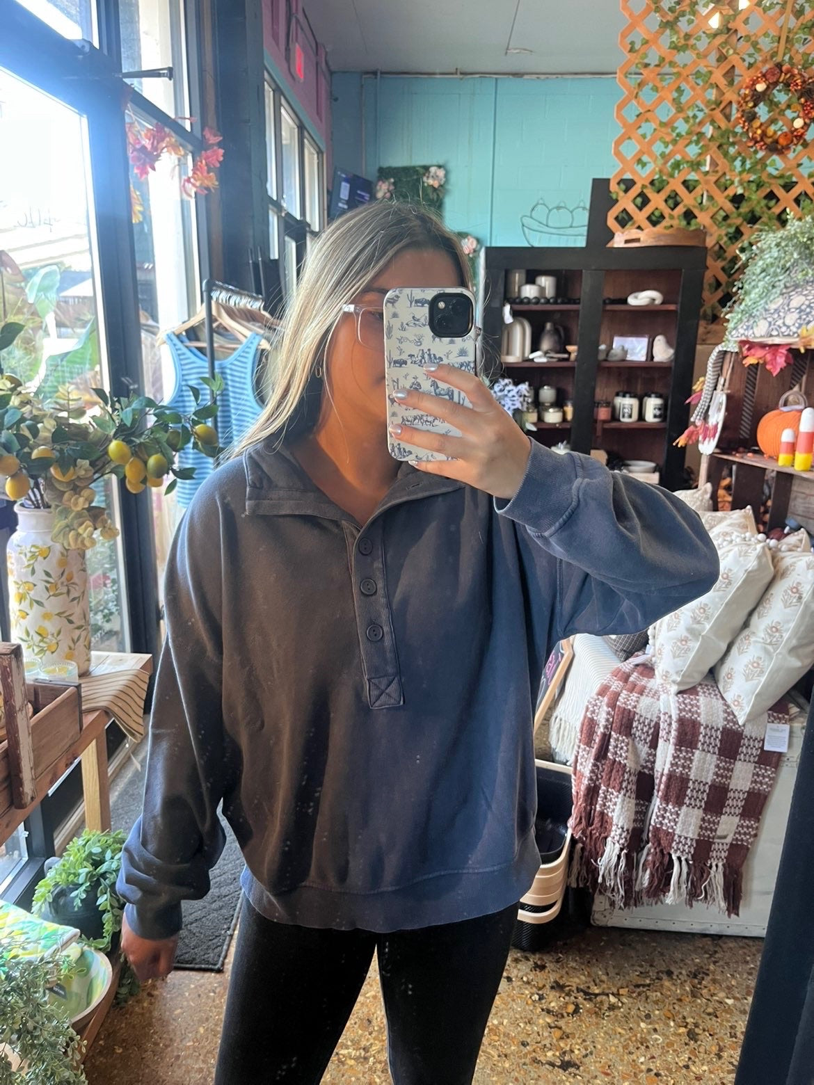 Navy Mineral Wash Button-Up Sweatshirt