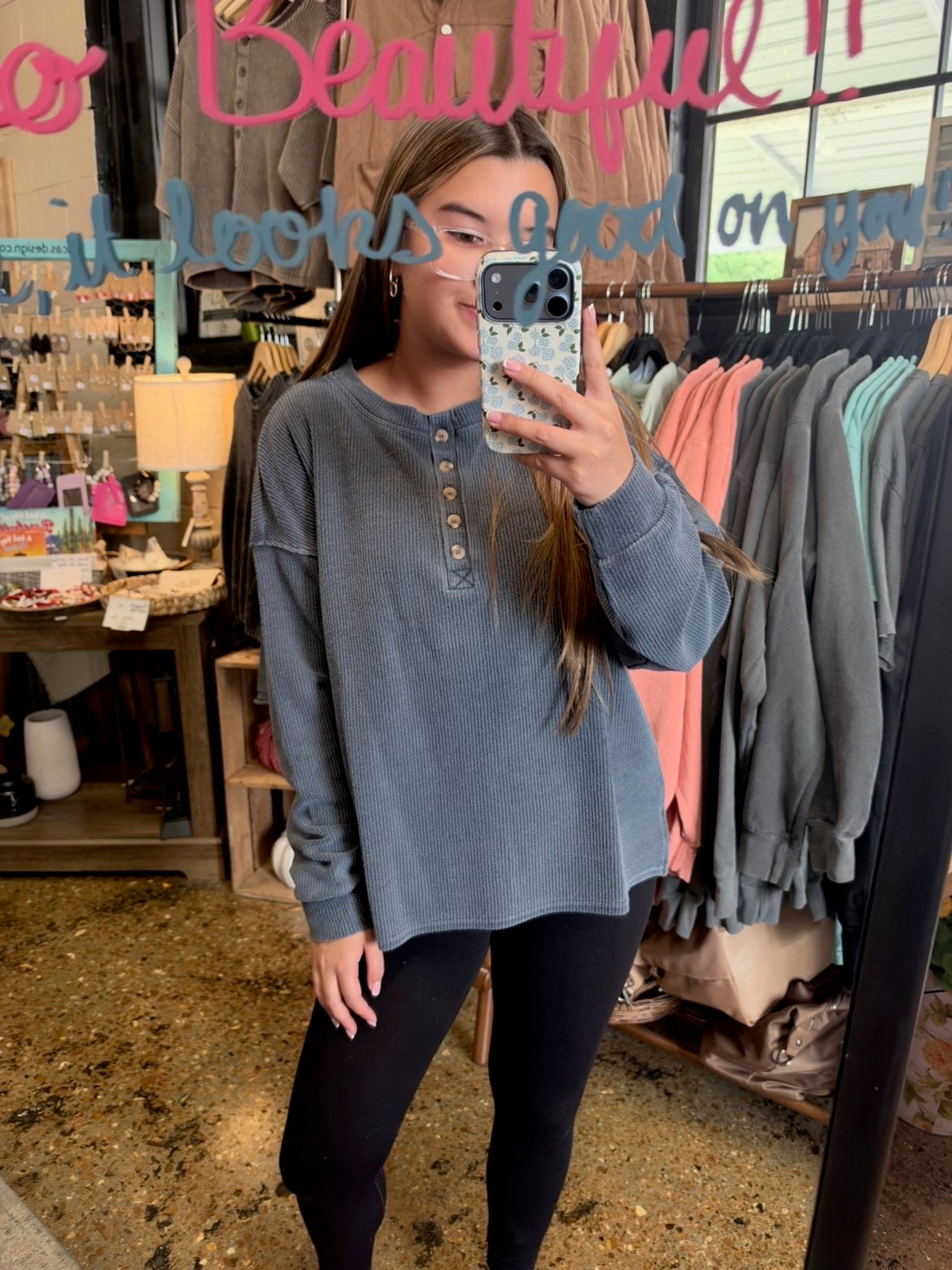 Navy Ribbed Long Sleeve Knit Top