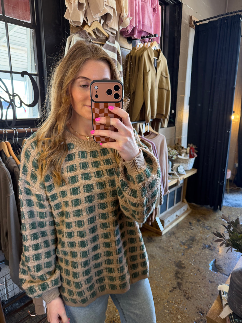 Checkered Oversized Green Sweater
