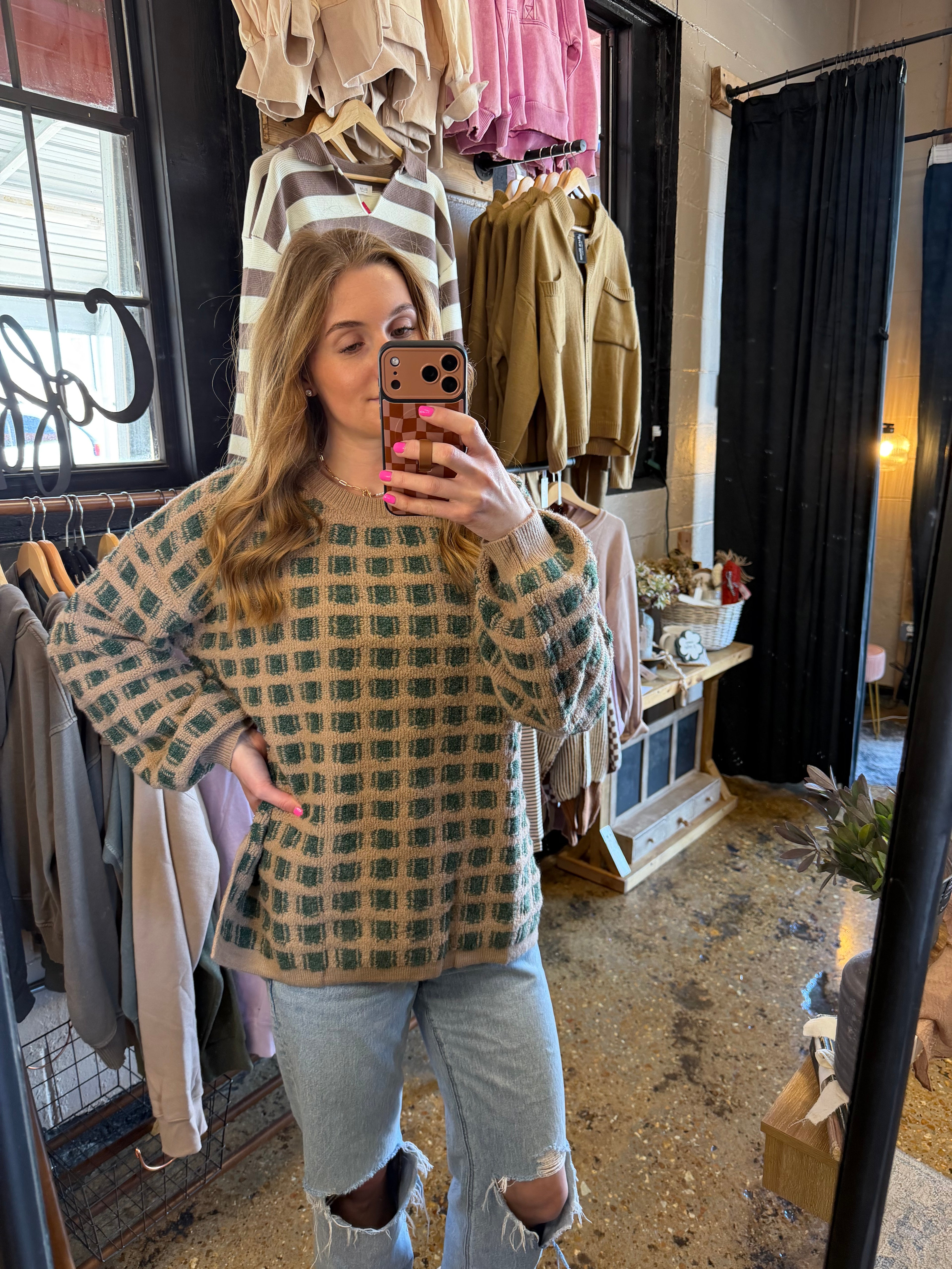 Checkered Oversized Green Sweater